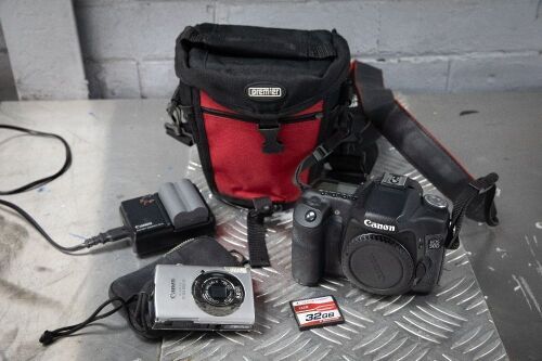 CAMERAS: Two Canon cameras, includes a 50D model with battery & strap and an older Canon instant camera