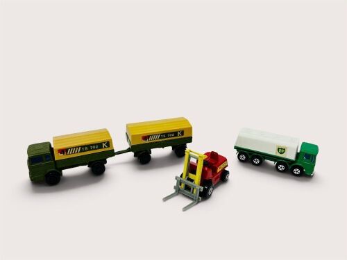 MATCHBOX: Three 1:64 scale unboxed models by Matchbox including Mercedes-Benz Military Truck and trailer (TP15), the Lansing Bagnall Fork Lift Truck (Superfast Series No.15) and the Leyland BP Petrol Tanker (Matchbox No.32) [Location: Sydney]