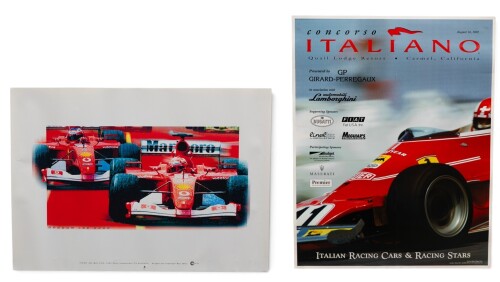 PRINTS: A large, striking digital print on water-colour paper of the 2002 Team Ferrari Formula One cars by Dragon Lee Art 2002, along with Concorso Italiano 2002 event poster [Location: Melbourne]