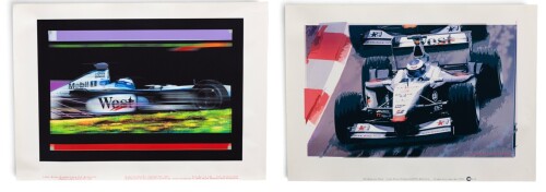 MCLAREN-MERCEDES: Two large digital art prints on water-colour paper featuring Mika Hakkinen's Team McLaren Formula One car, by Dragon Lee Art 2002, each measure 78cm high, 110cm wide [Location: Melbourne]