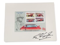 FERRARI: A commemorative Ferrari 1898-1988 Italian stamp set signed by Michael Schumacher, mounted on foam, 20cm high, 25cm wide [Location: Melbourne]