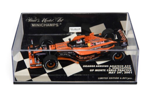 ARROWS: A Minichamps 1:43 scale 2001 Orange Arrows Asiatech A22 as driven by J. Verstappen in perspex case [Location: Melbourne]