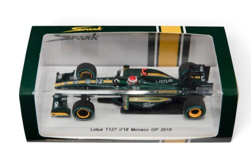 LOTUS: A Spark 1:43 scale 2010 Lotus T127 (S3008) car #18 as driven by J.Trulli in perspex case [Location: Melbourne]