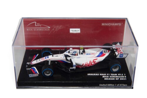 URALKALI HAAS: A Minichamps 1:43 scale 2021 Uralkali Haas VF-21 car #47 as driven by Mick Schumacher in perspex case [Location: Melbourne]