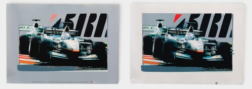 COULTHARD: Two large digital art prints on water-colour paper of David Coulthard's McLaren-Mercedes Formula One Car, by Dragon Lee Art 2002, each measure 78cm high, 110cm wide [Location: Melbourne]