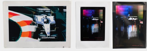 PRINTS: Three digital art prints based on Juan Pablo Montoya's BMW Williams Formula One car by Dragon Lee Art, one being printed on quality water-colour paper [Location: Melbourne]