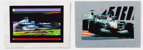 HAKKINEN & COULTHARD: Two digital art prints on water-colour paper of the Team McLaren Mercedes Formula One Team cars 2001/2002, Hakkinen & Coulthard, each measures 78cm high, 110.5cm wide [Location: Melbourne]