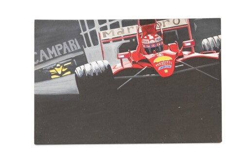 FERRARI: An oil on canvas painting by local artist Terry Lawrie featuring c2000s Ferrari F1, 61cm high, 91cm wide [Location: Melbourne]
