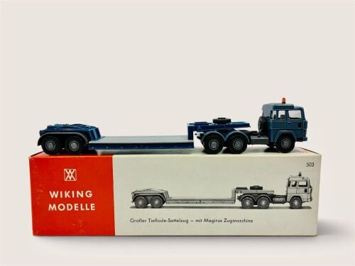 MAGIRUS A 1:87 scale model by Wiking of the Magirus 235 D truck with low flate bed trailer (No.503) with original packaging [Location: Sydney]