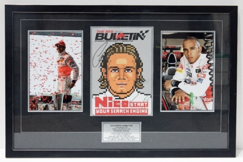 LEWIS HAMILTON: A Lewis Hamilton display piece, features two photographs, a signed 'The Red Bulletin' magazine from 2008 and a achievements plaque, 56cm high, 85cm wide [Location: Melbourne]