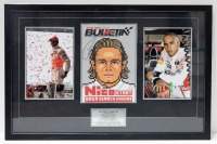 LEWIS HAMILTON: A Lewis Hamilton display piece, features two photographs, a signed 'The Red Bulletin' magazine from 2008 and a achievements plaque, 56cm high, 85cm wide [Location: Melbourne]