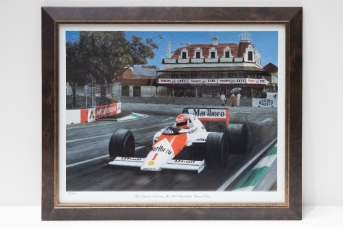 LAUDA: A limited edition (69/1000) print featuring Niki Lauda driving McLaren MP4/2B at 1985 Adelaide GP by artist Eric Irvine [Location: Melbourne]