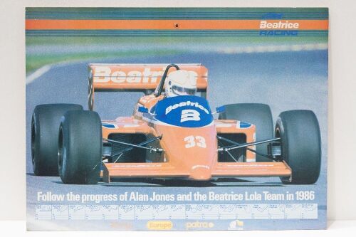 ALAN JONES: A poster featuring Alan Jones driving c1986 Beatrice lola THL2, 68cm high, 92cm wide [Location: Melbourne]