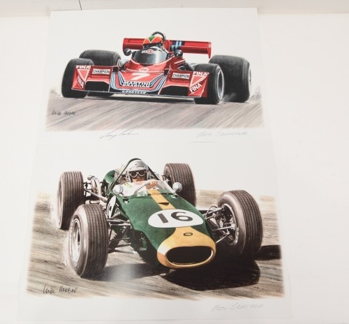 BRABHAM: A signed print featuring 1976 Brabham BT45 by Mike Harbar, signed by both Larry Perkins & Ron Tauranac, 30cm high, 42cm wide [Location: Melbourne]