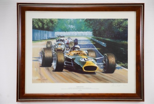 LOTUS: A print featuring the Lotus 49 at the 1967 Italian GP driven by Jim Clark, limited edition (70/250) signed by the artist, 48cm high, 63cm wide overall [Location: Melbourne]