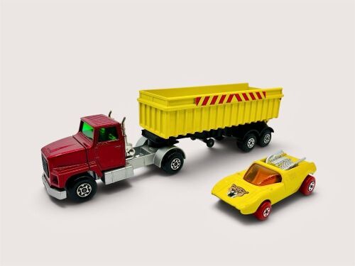 MATCHBOX: A 1:62 scale Super Kings Ford LTS Articulated Tipper (K-18) together with a 1:64 scale 'Mod Rod' (No.1) model by Matchbox. [Location: Sydney]