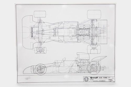 TYRRELL 003: A print of a technical drawing of the Tyrrell 003 Ford F1 (1971) as drawn by T.Cairoli 1998, 47cm high, 58.5cm wide [Location: Melbourne]