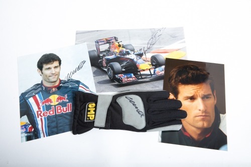 WEBBER: Four signed Mark Webber items, includes three photos & one driving glove, all signed [Location: Melbourne]