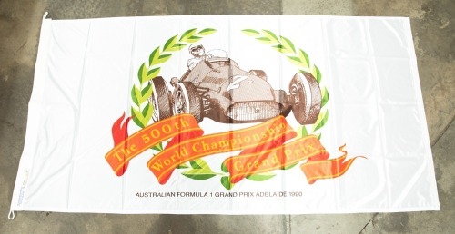 312 · FLAG: A flag commemorating the 500th Grand Prix held in Adelaide 1990, 90cm high, 180cm wide [Location: Melbourne]