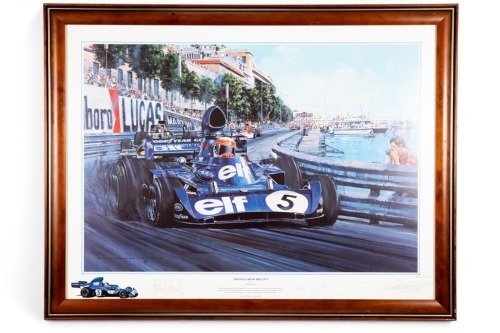 TYRRELL: A signed print 'Monaco Grand Prix 1973' by artist Nick Watts, featuring Jackie Stewart in the Tyrrell 006, signed by Stewart, Ken Tyrrell & designer Derek Gardner & Emerson Fittipaldi, limited edition (280/500), 61cm high, 80cm wide [Location: Me