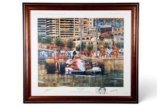 SENNA: A signed print 'Senna's Domain' featuring Ayrton Senna driving McLaren MP4/8 at Monaco 1993, signed by McLaren CEO Ron Dennis, limited edition (96/500), 54cm high, 62cm wide overall [Location: Melbourne]