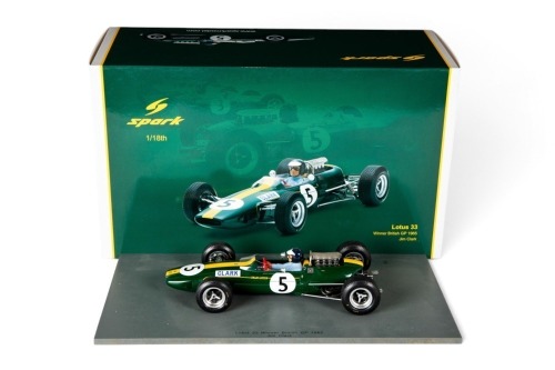 LOTUS: A highly detailed Spark 1:18 scale Lotus 33, car #5 driver Jim Clark, 1965 British GP winner in original box [Location: Melbourne]