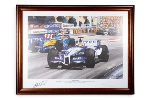 WEBBER: A signed print featuring Mark Webber driving Williams-BMW at Monaco 2005 to first podium finish, signed by Webber and the artist, limited edition (32/250), 58cm high, 76cm wide overall [Location: Melbourne]