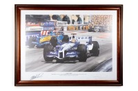 WEBBER: A signed print featuring Mark Webber driving Williams-BMW at Monaco 2005 to first podium finish, signed by Webber and the artist, limited edition (32/250), framed, 58cm high, 76cm wide overall [Location: Melbourne]