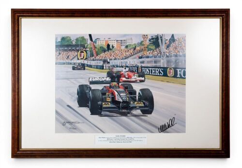 WEBBER: A signed print featuring Mark Webber driving Minardi on debut at the 2002 Australian GP, signed by Webber, limited edition (129/250), framed, 59cm high, 86cm wide overall [Location: Melbourne]