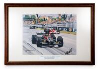 WEBBER: A signed print featuring Mark Webber driving Minardi on debut at the 2002 Australian GP, signed by Webber, limited edition (129/250), framed, 59cm high, 86cm wide overall [Location: Melbourne]