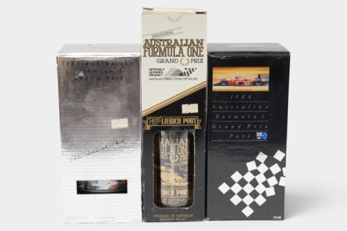 AUSTRALIAN GP: Three official unopened Australian Grand Prix commemorative port bottles, includes the inaugural year 1985, 1987 and 1988 [Location: Melbourne]