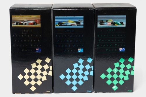 AUSTRALIAN GP: Three official unopened Australian Grand Prix commemorative port bottles, includes bottles for years 1989, 1990 and 1991 [Location: Melbourne]