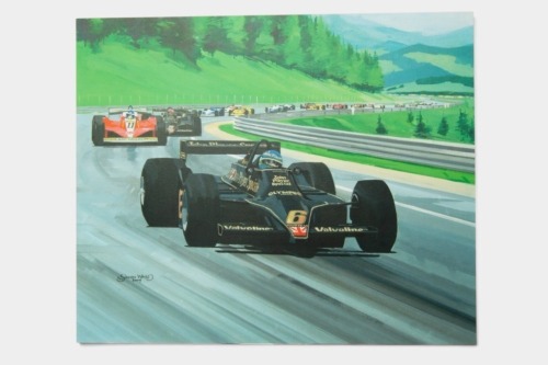 RON PETERSON: Print by Simon Ward of Ronnie Peterson at the 1978 Austrian Grand Prix. Signed Andretti, Fittipaldi. Numbered 68/500 [Location: Melbourne]