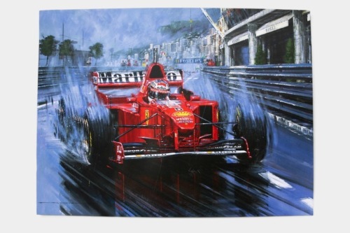 SCHUMACHER: A limited edition print by Nicholas Watts titled "Michael Schumacher - The Rain King", featuring the Ferrari F310B at the 1997 Monaco GP, 64cm high, 81cm wide overall [Location: Melbourne]