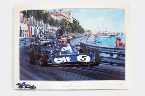 STEWART: A limited edition print (145/500) by Nicholas Watts titled 'Monaco Grand Prix 1973' featuring Jackie Stewart driving the Tyrrell Cosworth 006, 82.5cm wide, 63.5cm high [Location: Melbourne]