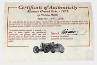 STEWART: A limited edition print (145/500) by Nicholas Watts titled 'Monaco Grand Prix 1973' featuring Jackie Stewart driving the Tyrrell Cosworth 006, 82.5cm wide, 63.5cm high [Location: Melbourne] - 6