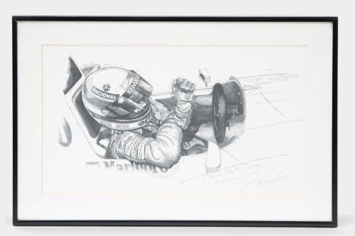 SENNA: A pencil sketch print featuring Ayrton Senna in car cockpit titled 'A. Senna / The Final Victory - Australian GP 1992', signed by the artist, 37cm high, 56cm wide [Location: Melbourne]