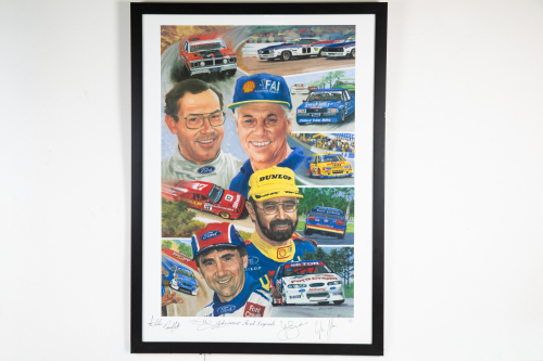 FORD: A large signed print 'Ford Legends', features four legendary Ford drivers, Moffat, Johnson, Bowe & Seaton, signed by all, limited edition (264/300), 90cm high, 65cm wide overall
