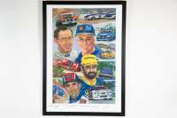 FORD: A large signed print 'Ford Legends', features four legendary Ford drivers, Moffat, Johnson, Bowe & Seton, signed by all, limited edition (264/300), 90cm high, 65cm wide