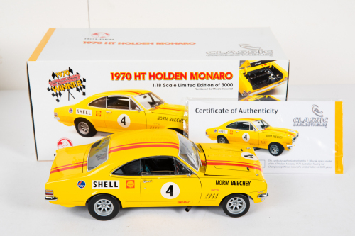 HT MONARO: A Limited Edition 1:18 scale CLASSIC CARLECTABLES Holden HT MONARO as raced by Norm Beechey to be the winner in the 1970 Australian Touring Car Championship, with COA, model numbered 589/3000