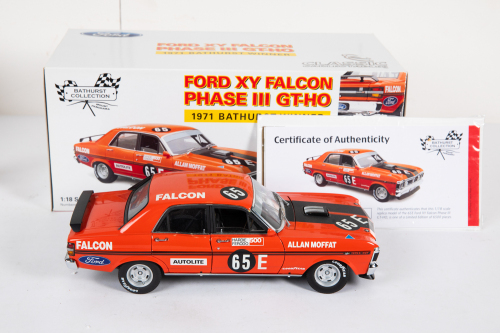 FALCON GT-HO: A Classic Carlectables 1:18 scale 1971 Ford Falcon XY Falcon Phase III GT-HO car #65E as driven by Allan Moffat, limited edition (4714/6500) with COA in original box