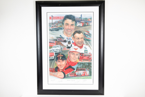 HOLDEN: A large signed print 'Holden Legends', features four legendary Holden drivers, Brock, Skaife, Perkins & Richards, signed by all, 108cm high, 78cm wide overall, with COA