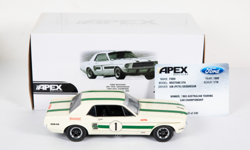 FORD: An Apex Replicas 1:18 scale 1969 Ford Mustang car #1 driver Ian 'Pete' Geoghegan, 1969 A.T.C.C winner, limited edition (182/240) with COA in original box