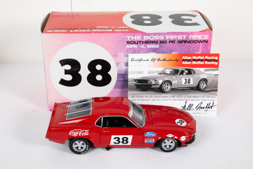 MOFFAT: A DDA Collectibles Series 1:18 scale signed 1969 Ford Boss 302 Trans Am Mustang car #38 as driven by Allan Moffat, signed by Moffat on radiator panel & on COA in original box