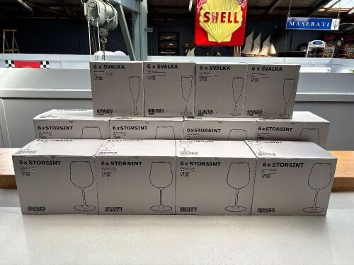 GLASSWARE: 72 boxed Ikea glasses include 24 champagne, 24 red and 24 white, as per branded boxes.