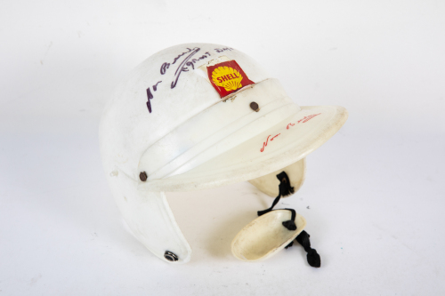 BEECHEY: A c1960s Shell promotional helmet signed by Norm Beechey, includes photo of Beechey signing same helmet