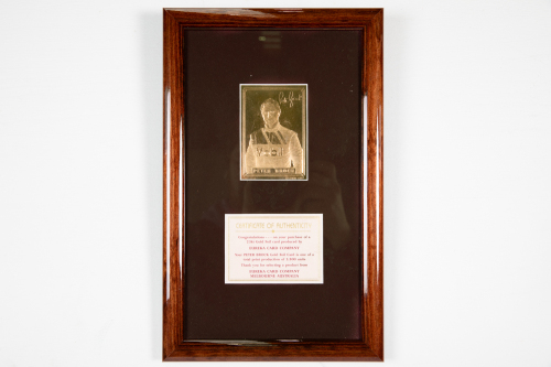 BROCK: A limited edition (0275/3500) commemorative 23 Karat Gold Foil Card of Peter Brock, by the Eureka Card Company Melbourne, framed and glazed, measures 32.5cm high, 20.5cm wide. COA mounted in frame