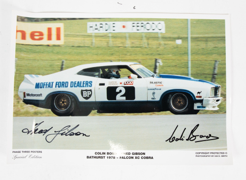 28 · BOND / GIBSON: A signed poster featuring the 1978 Ford Falcon XC Cobra at Bathurst signed by both drivers Colin Bond & Fred Gibson, 23cm high, 34cm wide