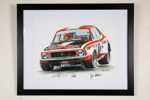 TORANA: A signed print featuring the c1972 Holden Dealer Team LJ Torana GTR XU-1, signed by drivers Colin Bond & John Sheppard & chief mechanic Ian tate, by artist Mike Harbar, 45cm high, 57cm wide overall