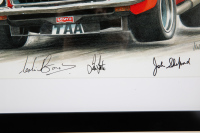 TORANA: A signed print featuring the c1972 Holden Dealer Team LJ Torana GTR XU-1, signed by drivers Colin Bond & John Sheppard & chief mechanic Ian tate, by artist Mike Harbar, 45cm high, 57cm wide overall - 3